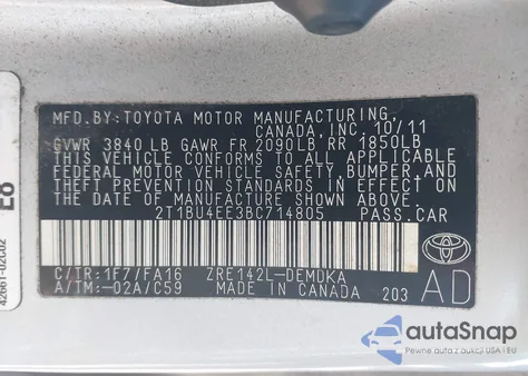 2011 Toyota Corolla from USA, damaged, VIN 2T1BU4EE3BC714805